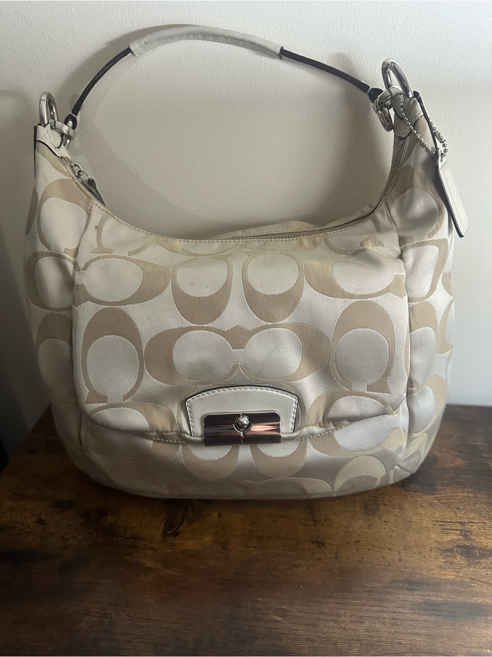 Coach Purse Hand Bag Ivory Cream Jacquard Large Hobo